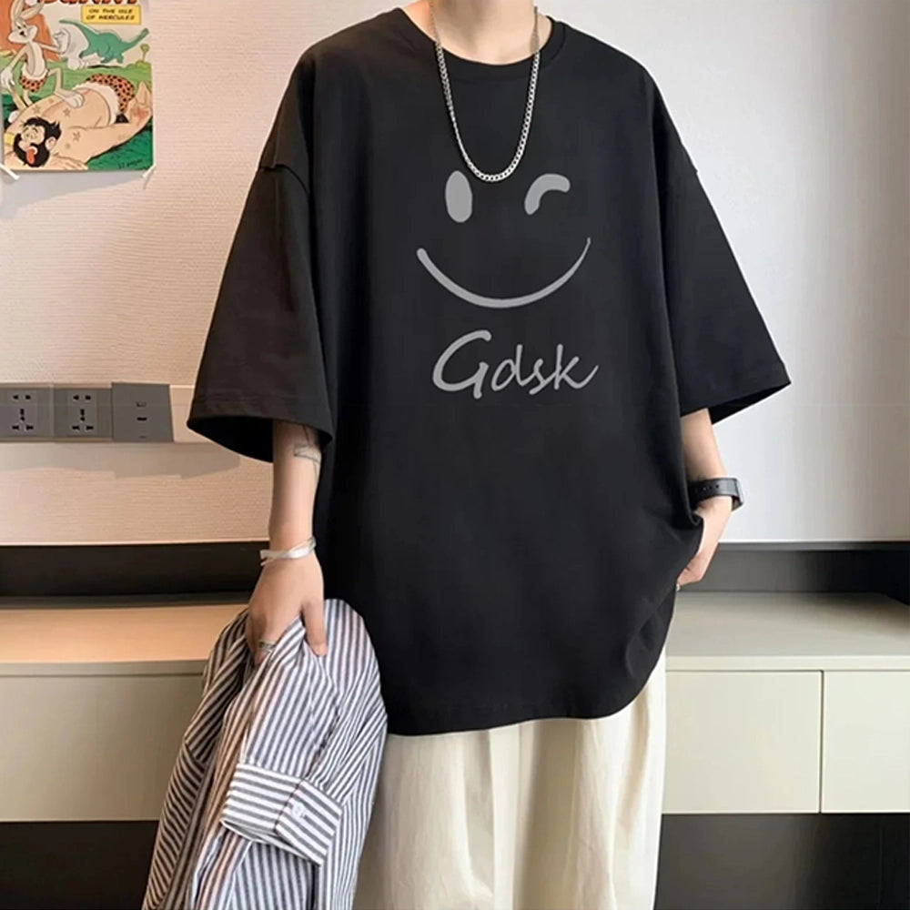 Oversized Black T-Shirt with Winking Smiley Face - Gdsk print
