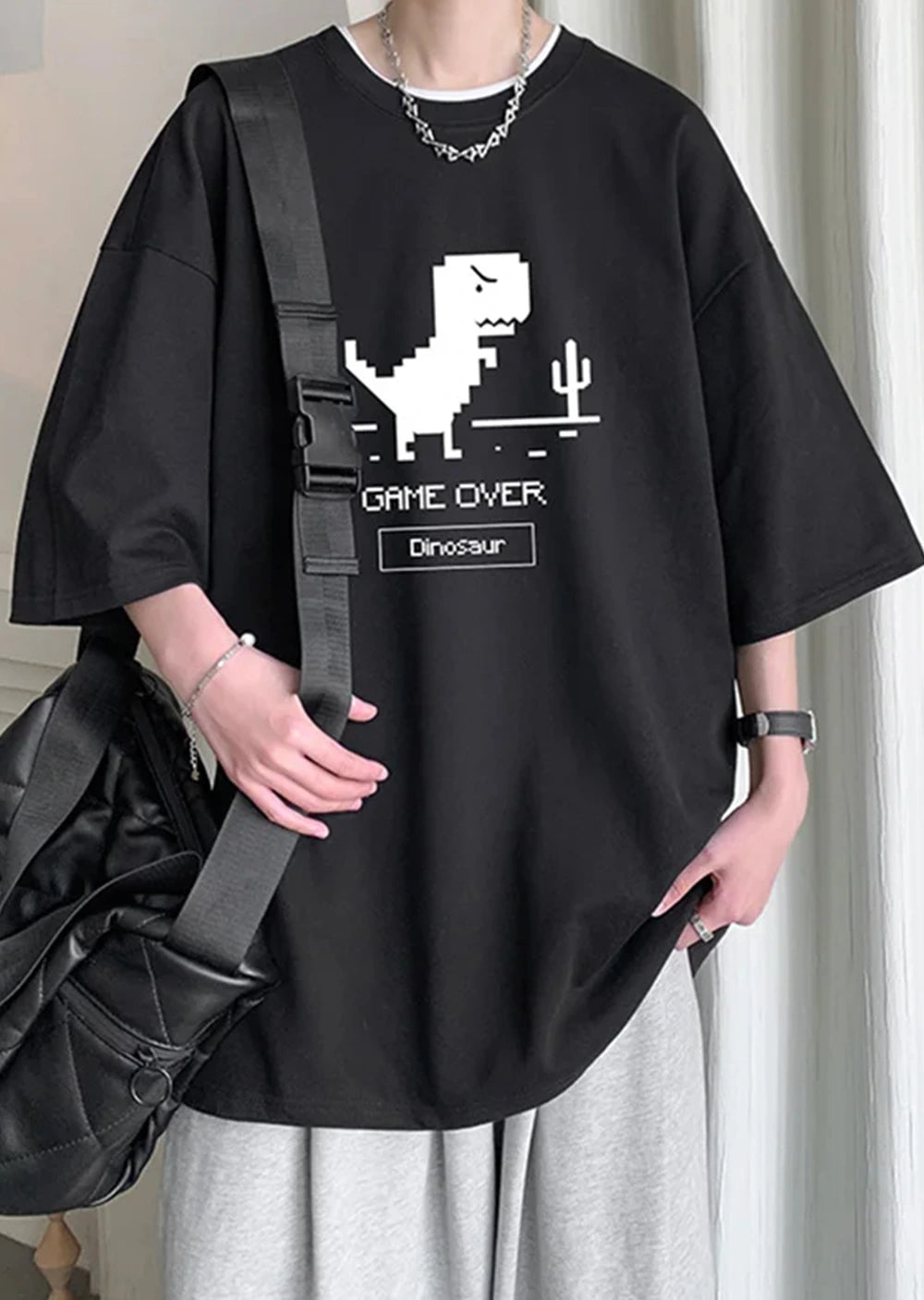 Cute Korean T-Shirt: Oversized Dino Street Tee