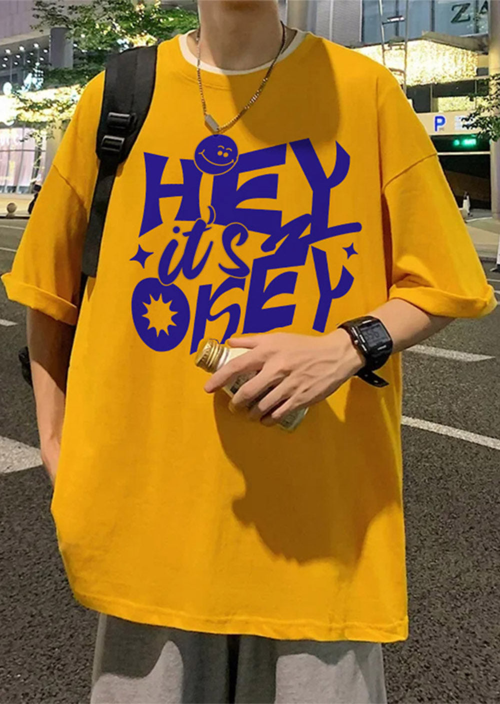 Men's Yellow Crew Neck T-Shirt with "Hey It's Okey" Slogan
