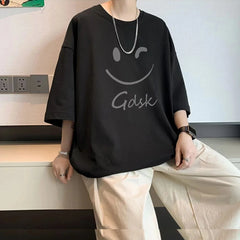 Oversized Black T-Shirt with Winking Smiley Face - Gdsk print