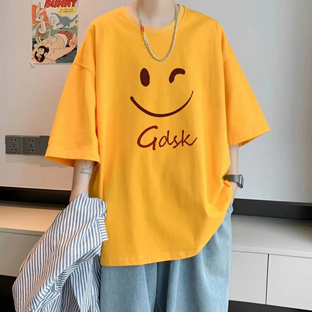 Yellow Designer Tee – Winking Smiley Face "Gdsk" Large Tall T-Shirt