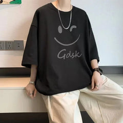Oversized Black T-Shirt with Winking Smiley Face - Gdsk print
