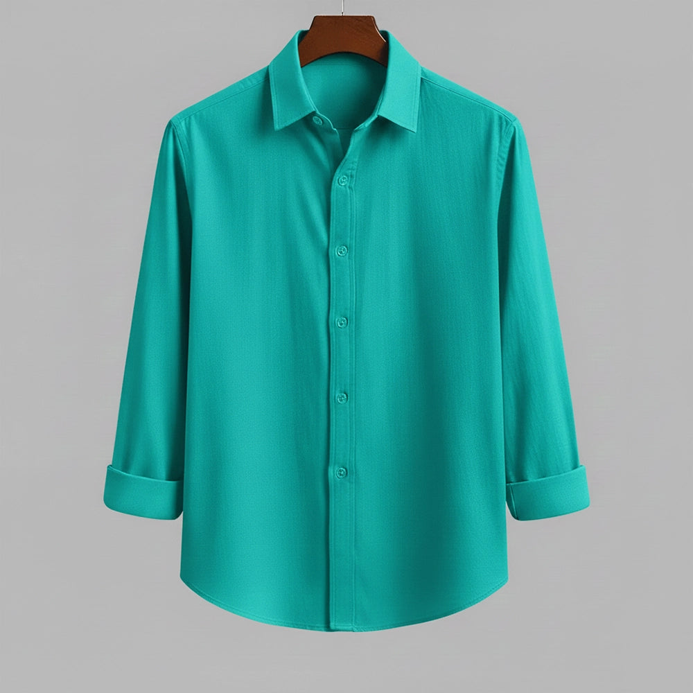 Front view of a solid aqua blue men's shirt by Shabib.