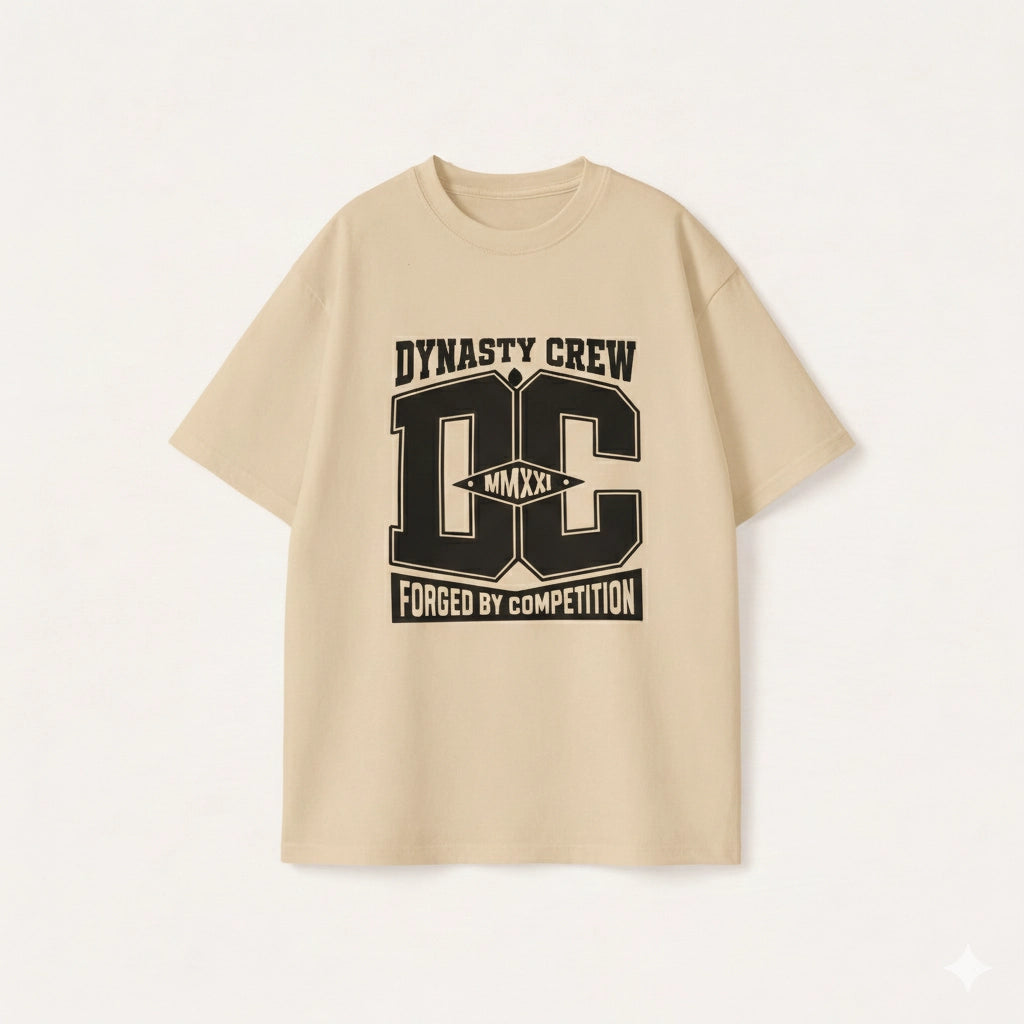 Oversized T-shirt for men in beige featuring a black Dynasty Crew graphic print in streetwear style.