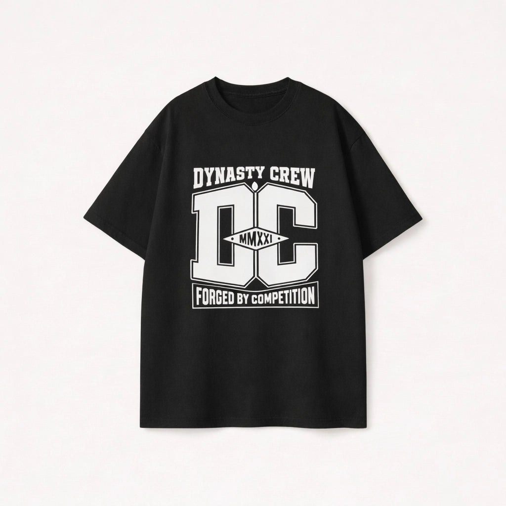Black oversized t-shirt for men featuring a white Dynasty Crew graphic print in streetwear style.