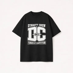 Black oversized t-shirt for men featuring a white Dynasty Crew graphic print in streetwear style.