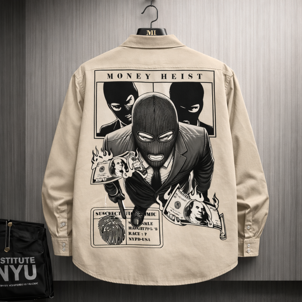 Beige oversized streetwear shirt with Money Heist inspired masked character back graphic design for men.