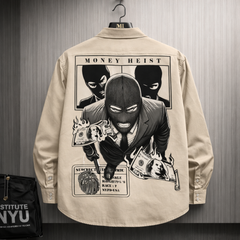 Beige oversized streetwear shirt with Money Heist inspired masked character back graphic design for men.