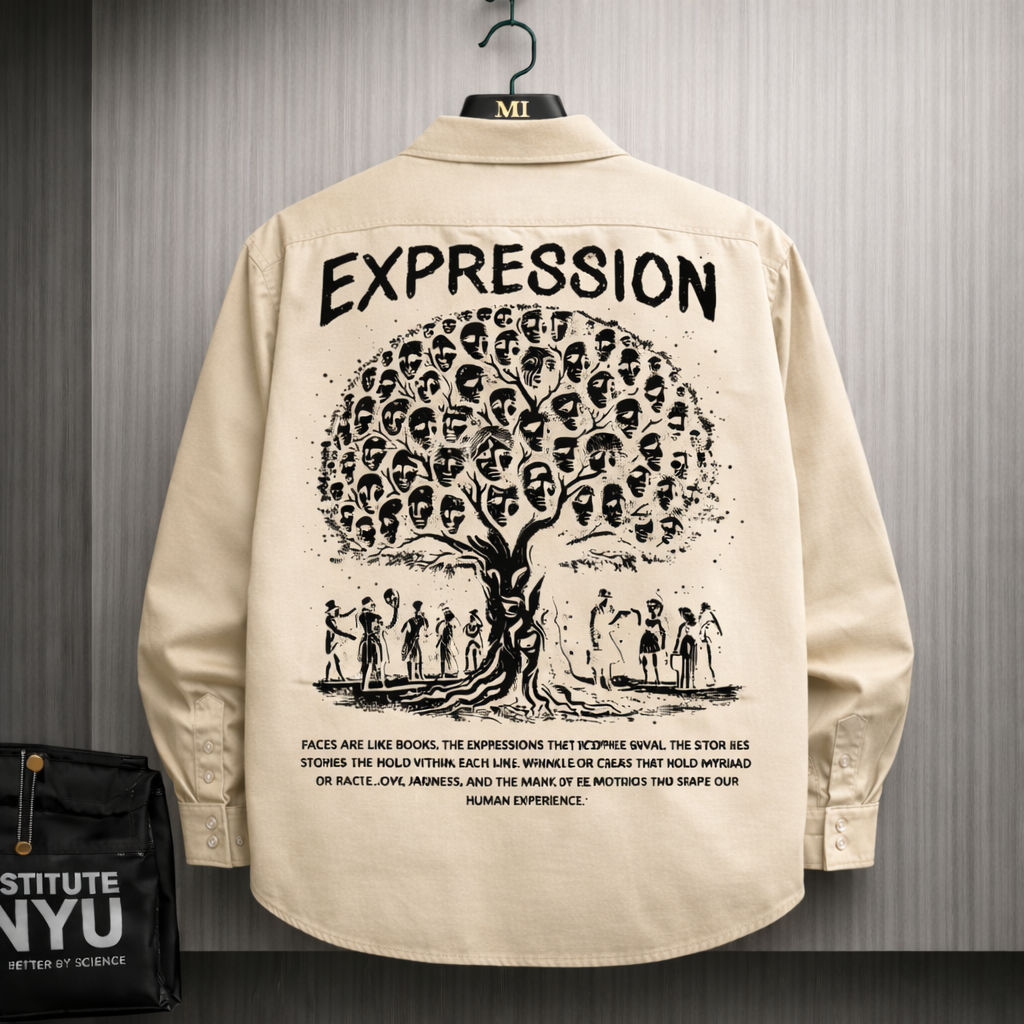 Beige oversized shirt with Expression tree graphic made of faces on the back, artistic streetwear design for men.