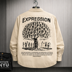 Beige oversized shirt with Expression tree graphic made of faces on the back, artistic streetwear design for men.