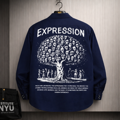 Navy blue oversized shirt with Expression tree graphic made of faces on the back, artistic streetwear design for men.