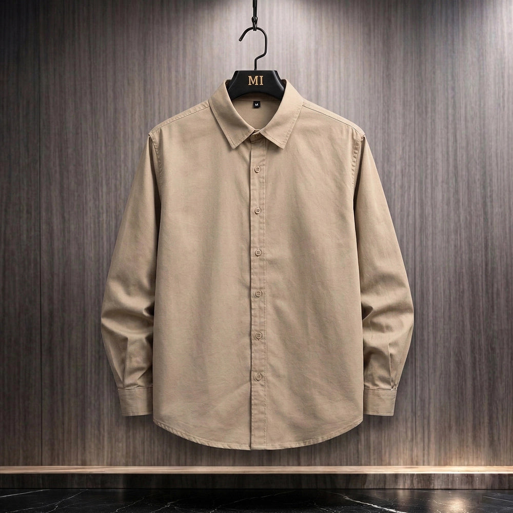 Beige oversized shirt with Expression tree graphic made of faces on the back, artistic streetwear design for men.