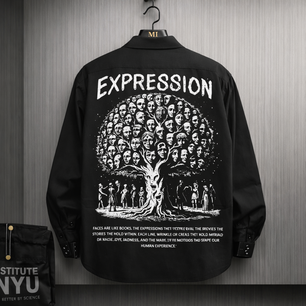 Black oversized shirt with Expression tree graphic made of faces on the back, artistic streetwear design for men.