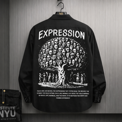 Black oversized shirt with Expression tree graphic made of faces on the back, artistic streetwear design for men.