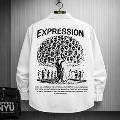 White oversized shirt with Expression tree graphic made of faces on the back, artistic streetwear design for men.