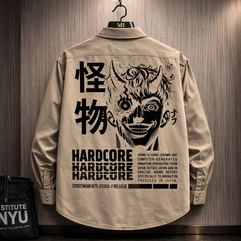Beige oversized shirt with hardcore anime demon graphic and Japanese typography back print streetwear design for men