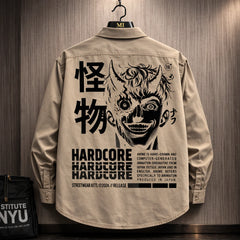 Beige oversized shirt with hardcore anime demon graphic and Japanese typography back print streetwear design for men