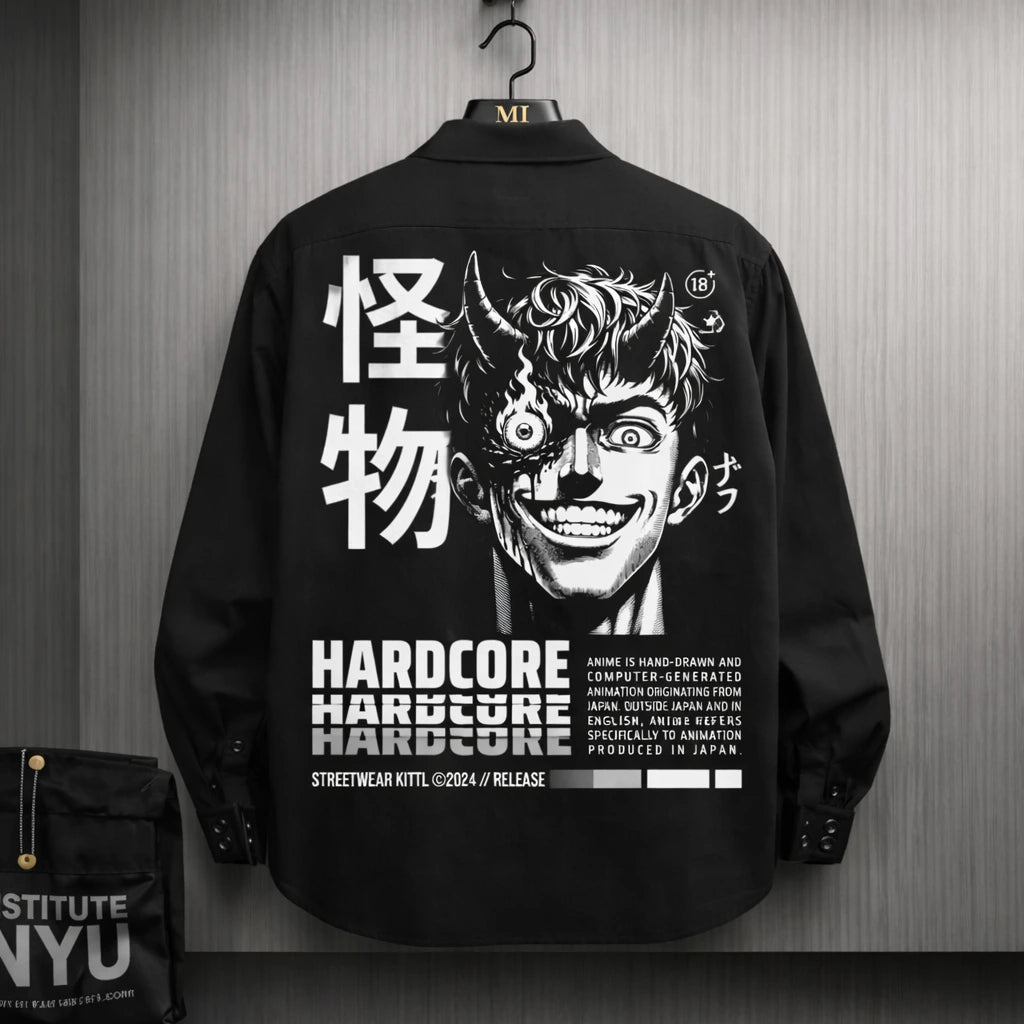 Black oversized shirt with hardcore anime demon graphic and Japanese typography back print streetwear design for men