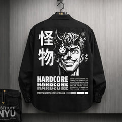 Black oversized shirt with hardcore anime demon graphic and Japanese typography back print streetwear design for men