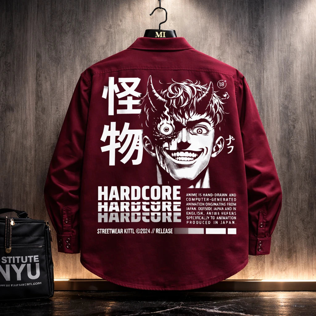 Maroon oversized shirt with hardcore anime demon graphic and Japanese typography back print streetwear design for men.