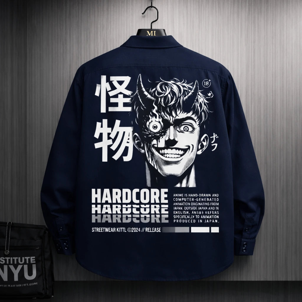 Navy blue oversized shirt with hardcore anime demon graphic and Japanese typography back print streetwear design for men