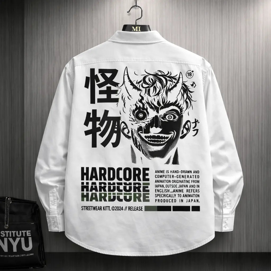 White oversized shirt with hardcore anime demon graphic and Japanese typography back print streetwear design for men