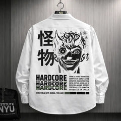 White oversized shirt with hardcore anime demon graphic and Japanese typography back print streetwear design for men