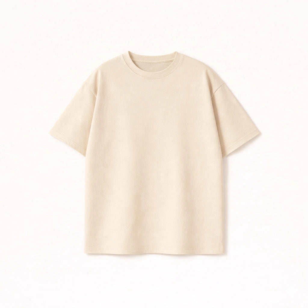 Men’s beige cotton oversized t-shirt with drop shoulder design and brown minimalist back print.