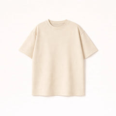Men’s beige cotton oversized t-shirt with drop shoulder design and brown minimalist back print.