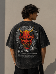 Men's Oversized Acid Wash T-Shirt – Japanese Hannya Mask Graphic Print Streetwear Tee