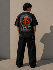 Men's Oversized Acid Wash T-Shirt – Japanese Hannya Mask Graphic Print Streetwear Tee