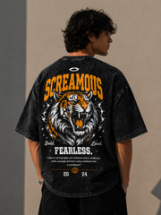 Men's Oversized Acid Wash T-Shirt – Roaring Tiger Graphic Print Streetwear Tee