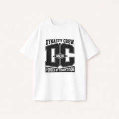 Men’s white oversized cotton t-shirt with black Urban Dynasty Crew graphic print on the front.