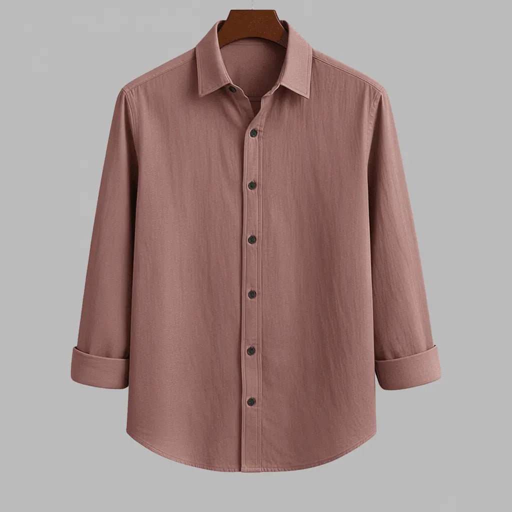 Men's dusty rose textured full sleeve collared shirt, front view, displayed on a hanger.