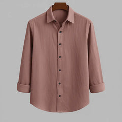 Men's dusty rose textured full sleeve collared shirt, front view, displayed on a hanger.