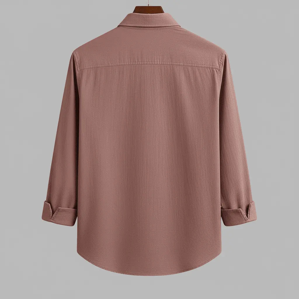 Men's dusty rose textured full sleeve shirt, back view, showcasing the fabric and fit.