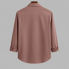 Men's dusty rose textured full sleeve shirt, back view, showcasing the fabric and fit.