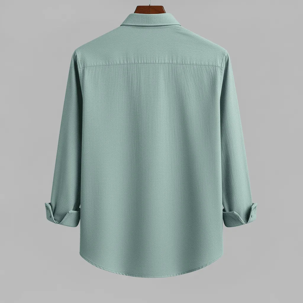 Men's seafoam green textured full sleeve shirt, back view, hanging on a wooden hanger against a light grey background, showcasing the fabric texture and relaxed fit.