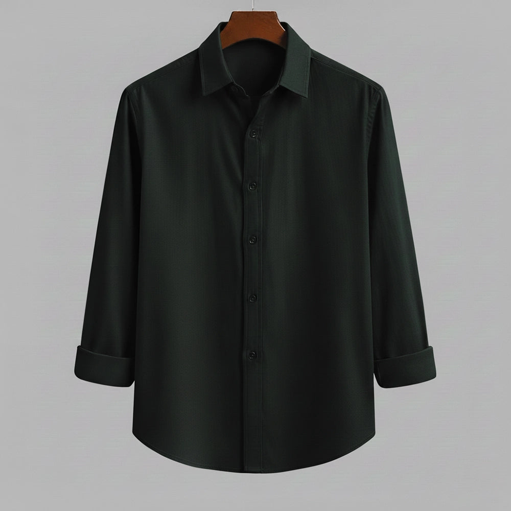 Front view of a dark military green pure cotton shirt for men by Shabib