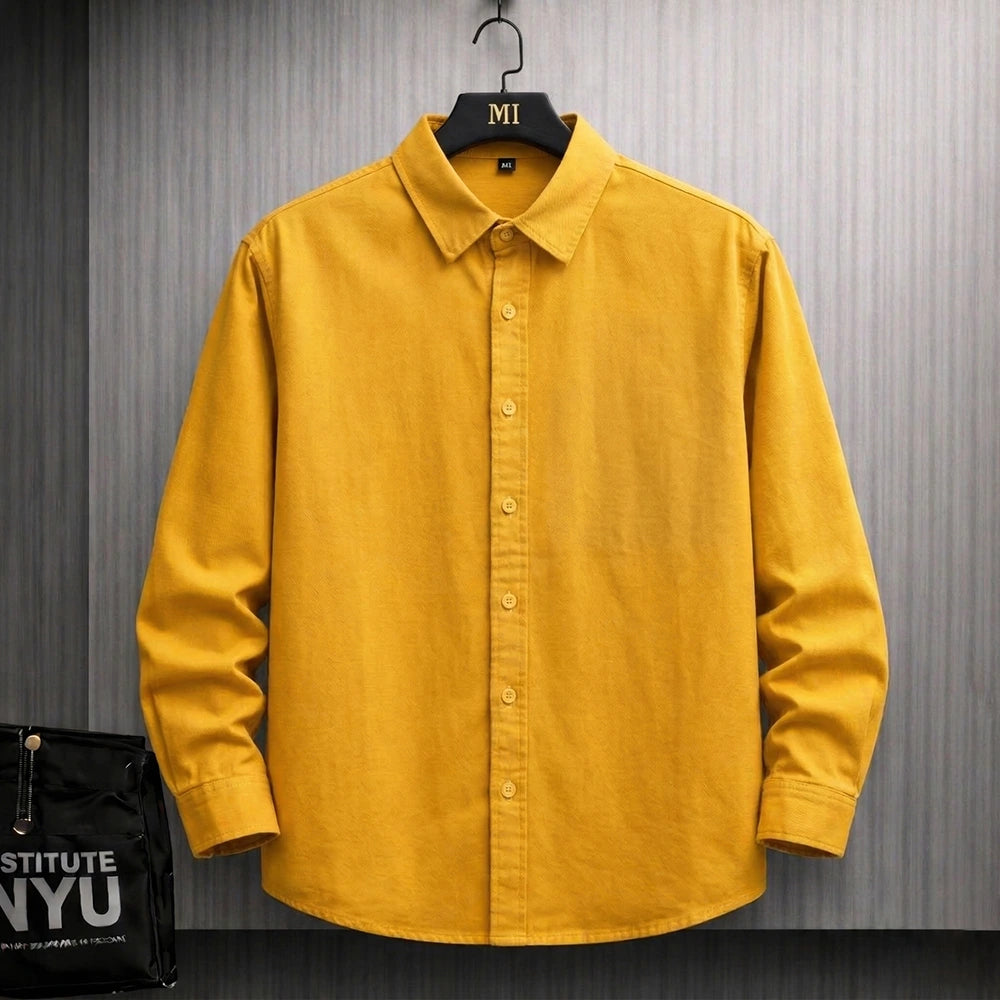 Mustard yellow oversized shirt with Money Heist inspired masked character back graphic streetwear design for men.