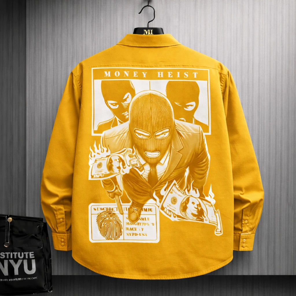 Mustard yellow oversized shirt with Money Heist inspired masked character back graphic streetwear design for men.