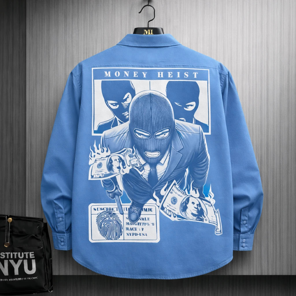 Sky blue oversized shirt with Expression tree graphic made of faces on the back, artistic streetwear design for men.