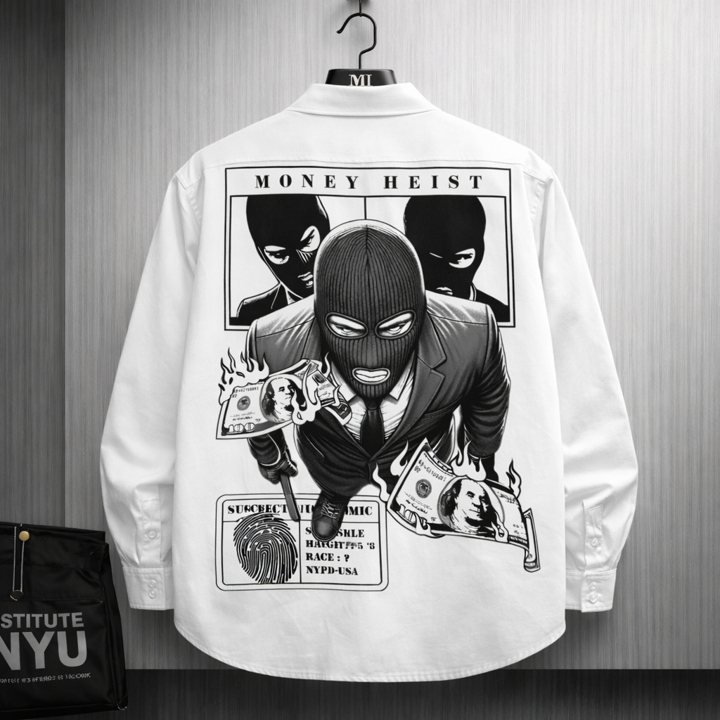 White oversized shirt with Money Heist inspired masked character graphic back print streetwear design for men.