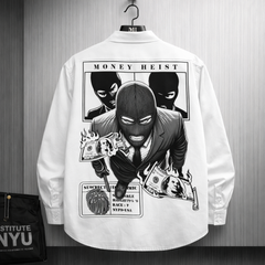 White oversized shirt with Money Heist inspired masked character graphic back print streetwear design for men.