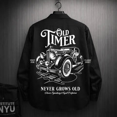 Black oversized shirt with Old Timer vintage car back graphic design for men’s Korean streetwear fashion