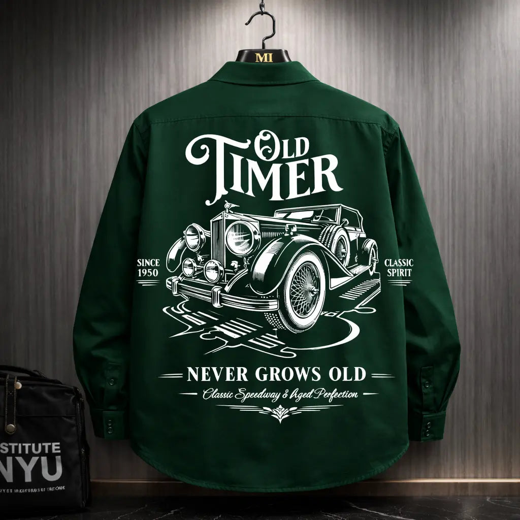 Dark green oversized shirt with vintage car Old Timer back graphic streetwear design for men.