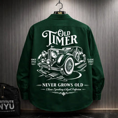 Dark green oversized shirt with vintage car Old Timer back graphic streetwear design for men.