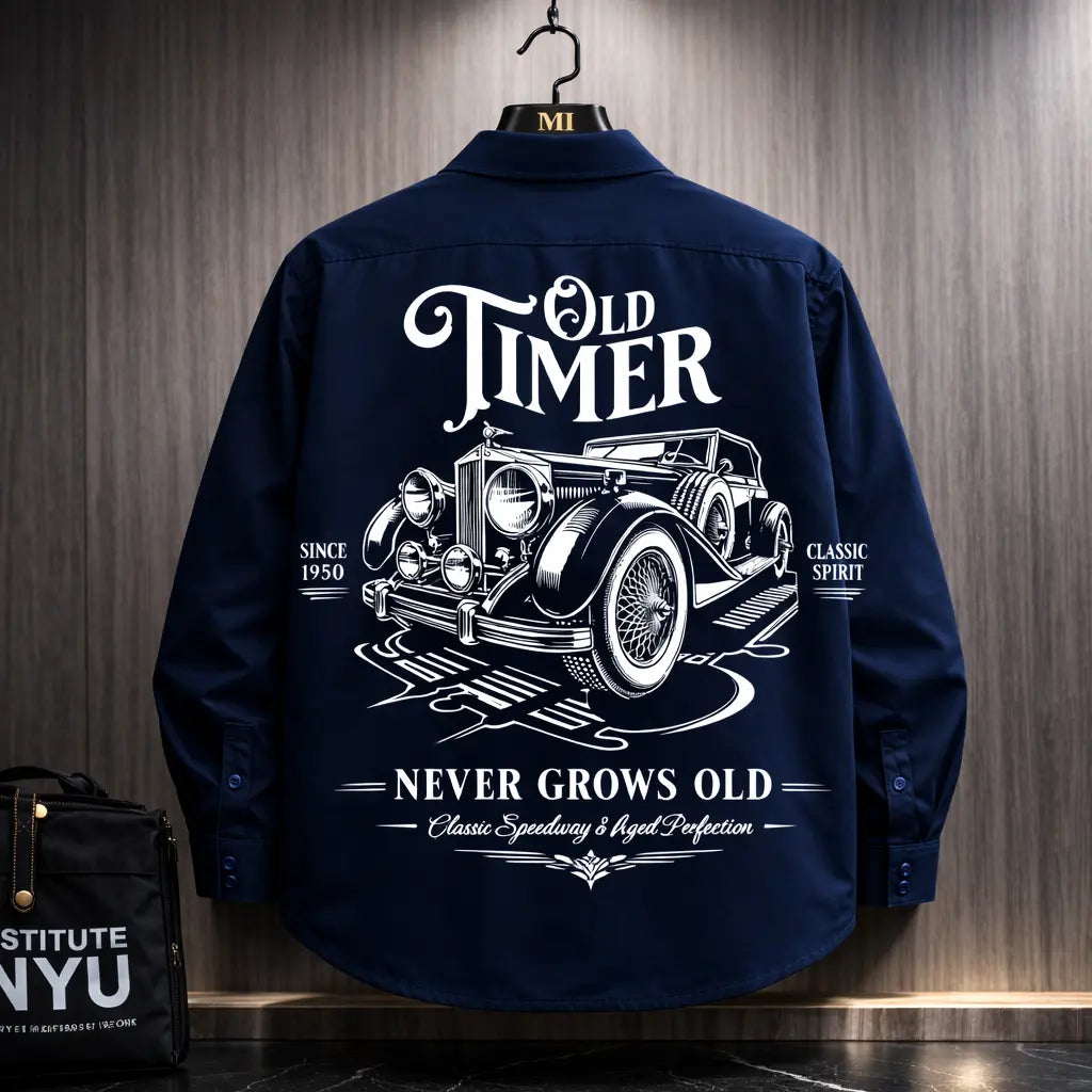 Navy blue oversized shirt with Old Timer vintage car back graphic design for men’s Korean streetwear fashion