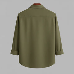 Men's Olive Khaki Textured Casual Shirt | Roll-Up Sleeve Button-Down