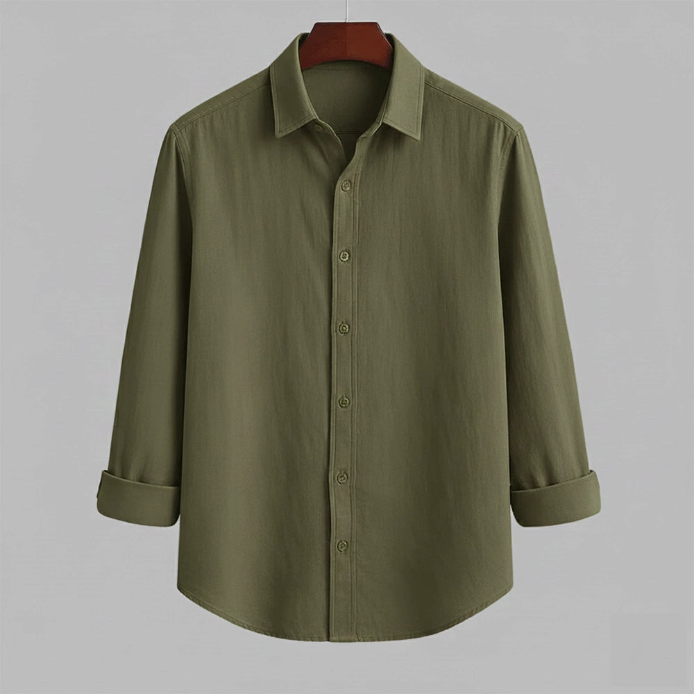 Men's Olive Khaki Textured Casual Shirt | Roll-Up Sleeve Button-Down
